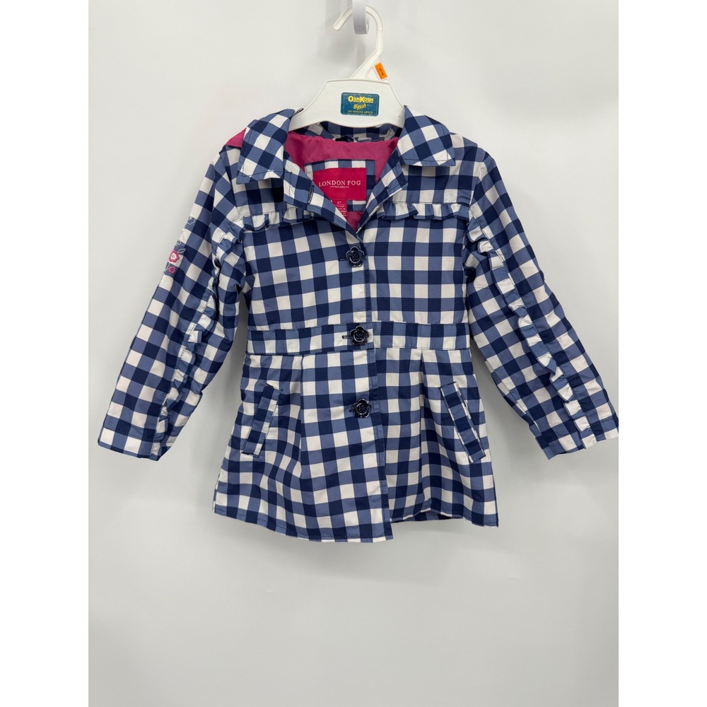 London Fog Gingham Trench Coat Kids 4T Blue White Floral Ruffle Hooded L118791
